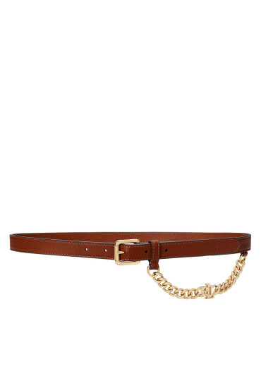 LAUREN RALPH LAUREN Дамски колан Logo-Chain Leather Skinny Belt 412968767001 Кафяв - Mera.bg