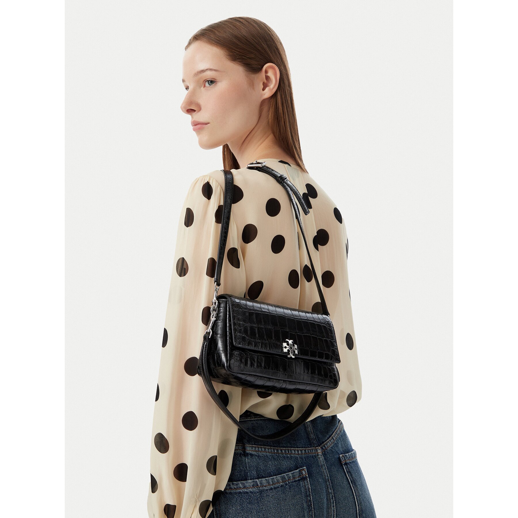 Tory Burch Дамска чанта Charlie Embossed Croc Small Shoulder Bag 183522