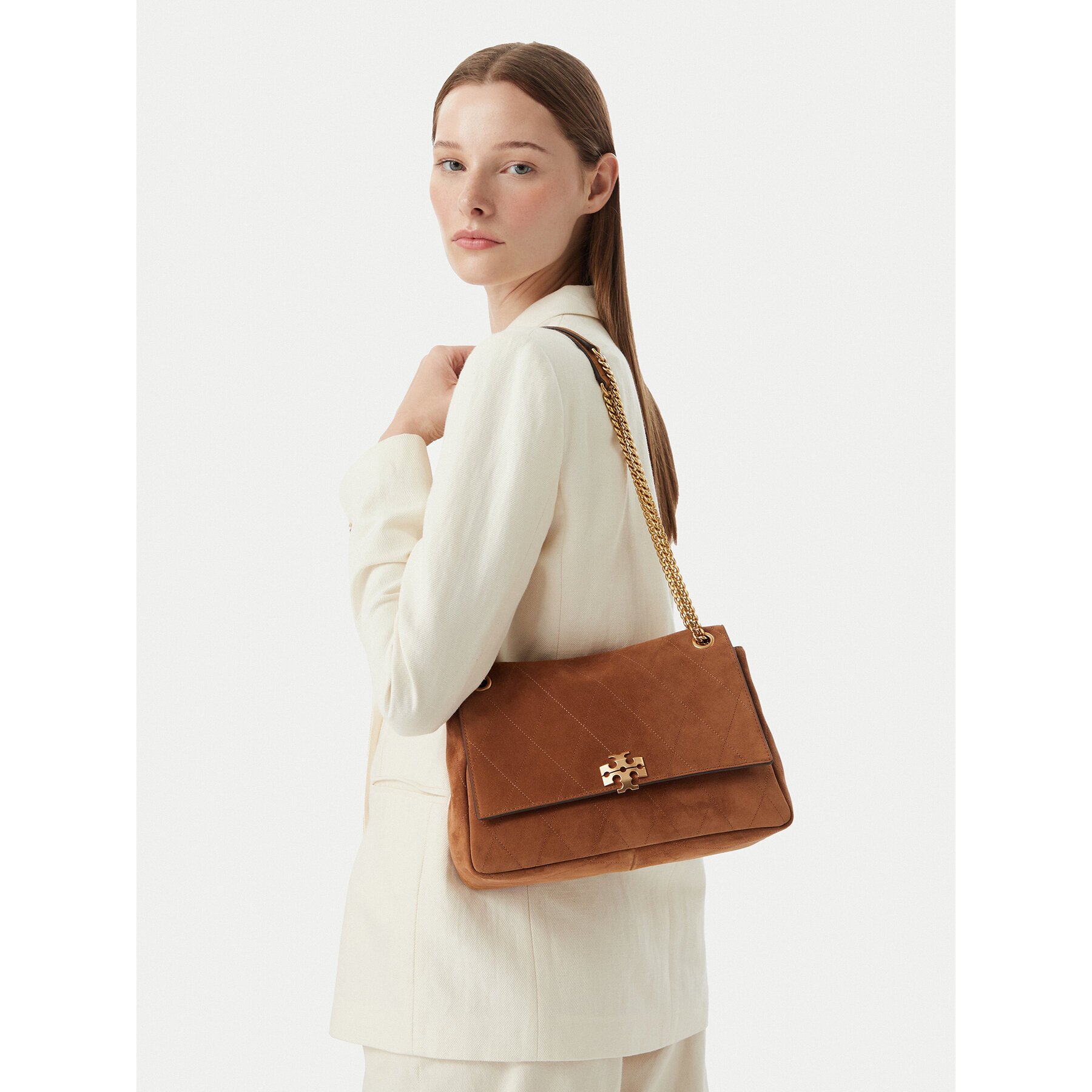 Tory Burch Дамска чанта Charlie Quilted Suede Shoulder Bag 183357
